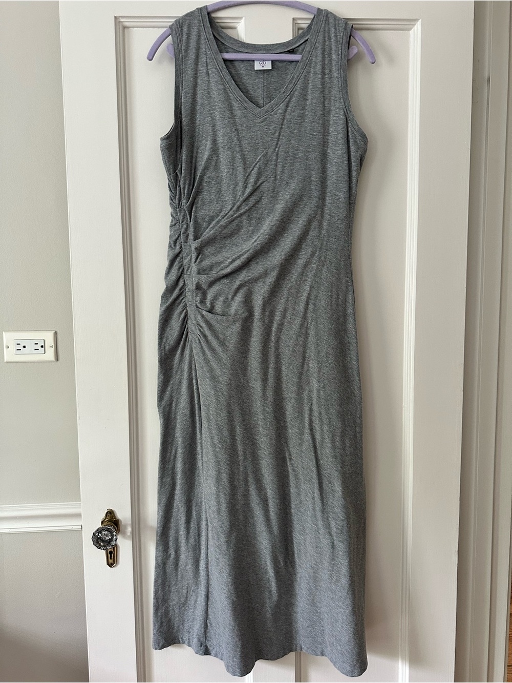 CAbi Sleeveless Gray V-Neck Ruched Maxi Dress Medium